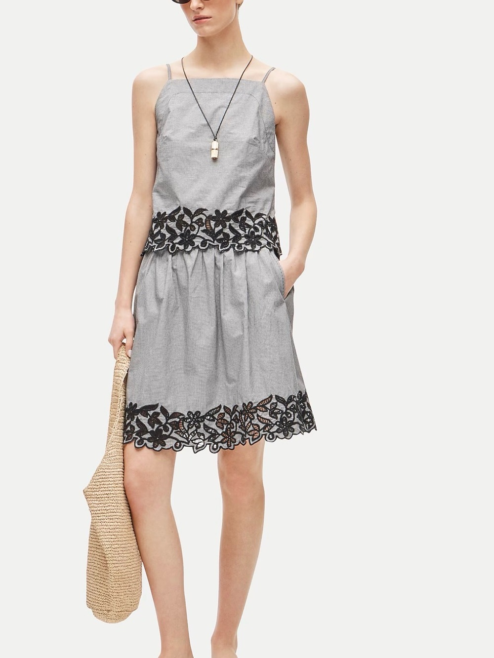 NWT J Crew Embroidered knee-length skirt in gingham cotton poplin